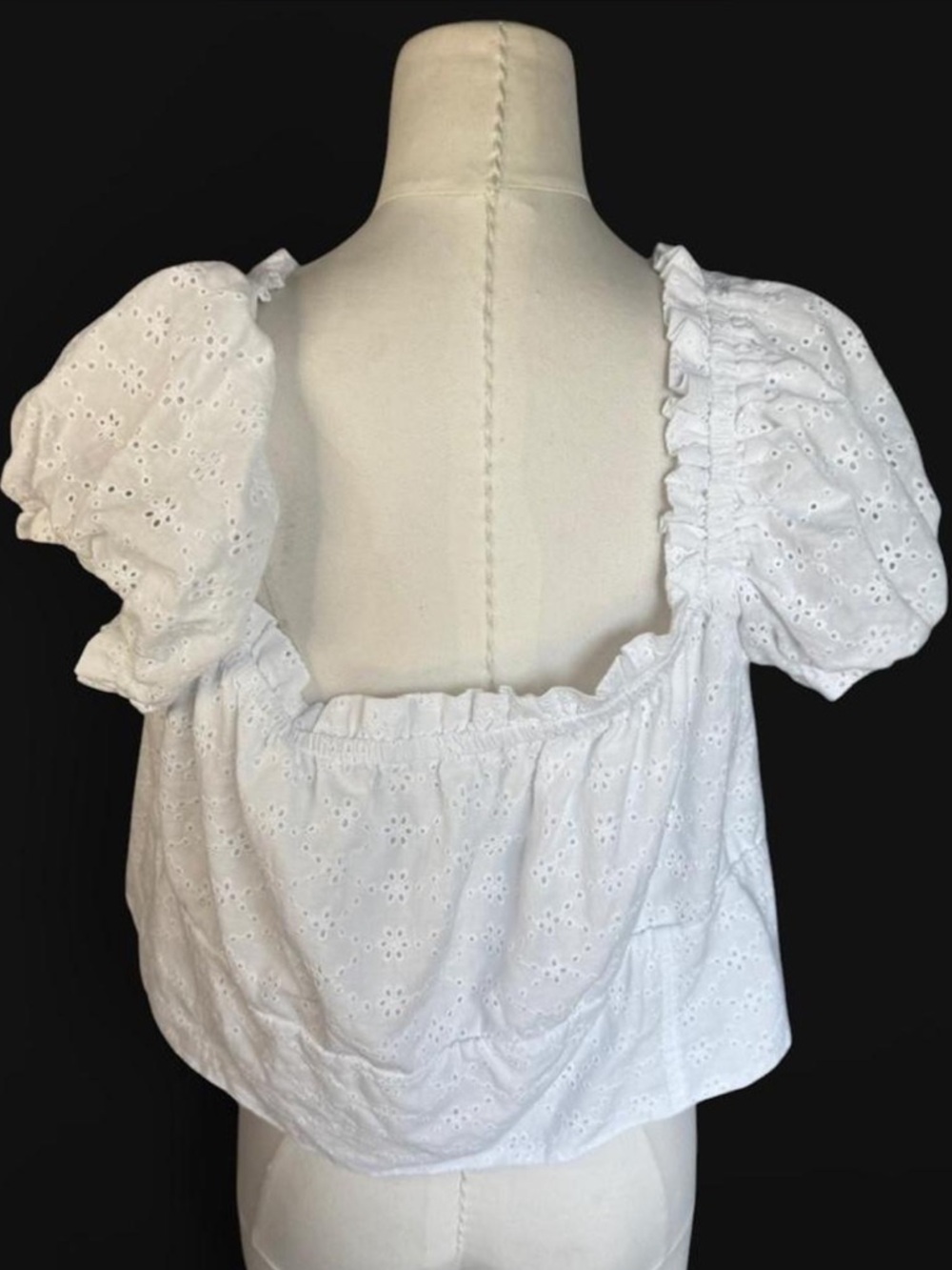 Bar III White Eyelet Tie-Front Puff Sleeve Top square neckline size - Picture 3 of 10